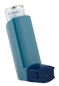 Blue plastic 'J' shaped pipe, with an aluminium canister inserted in the top. The mouthpiece has a dark blue cap.